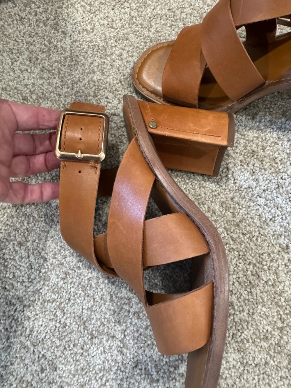 Franco Sarto Cognac Leather Block Heel Sandals